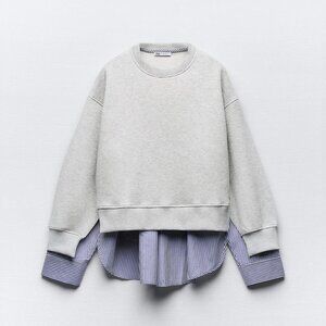 Zara Gray Sweatshirt with Layered blue and white pinstripe shirt